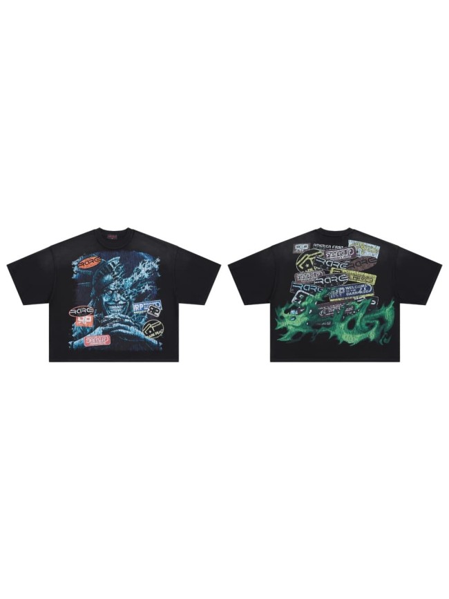 Distorted Evil Portrait Sticker Collage Green Flame RP Letter Double Sided Print Washed Tee 29288457