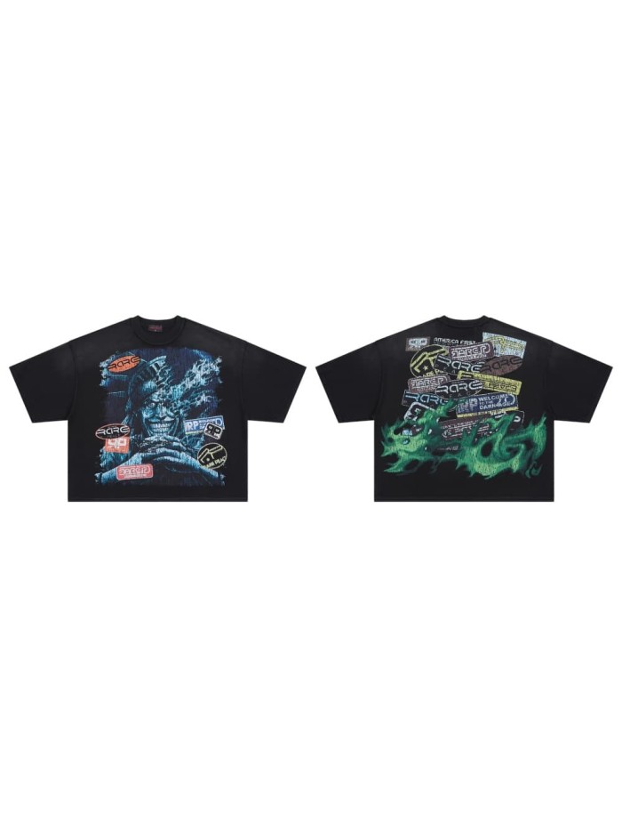 Distorted Evil Portrait Sticker Collage Green Flame RP Letter Double Sided Print Washed Tee 29288457