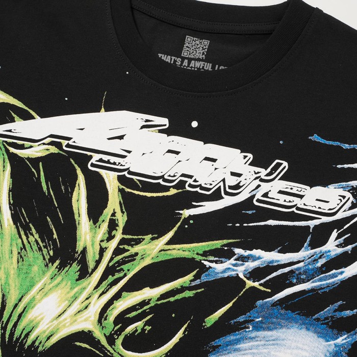 Green And Blue Contrast Split Demon Face Front Large Stacked Text Slogan Back Oversized Tee 29288677
