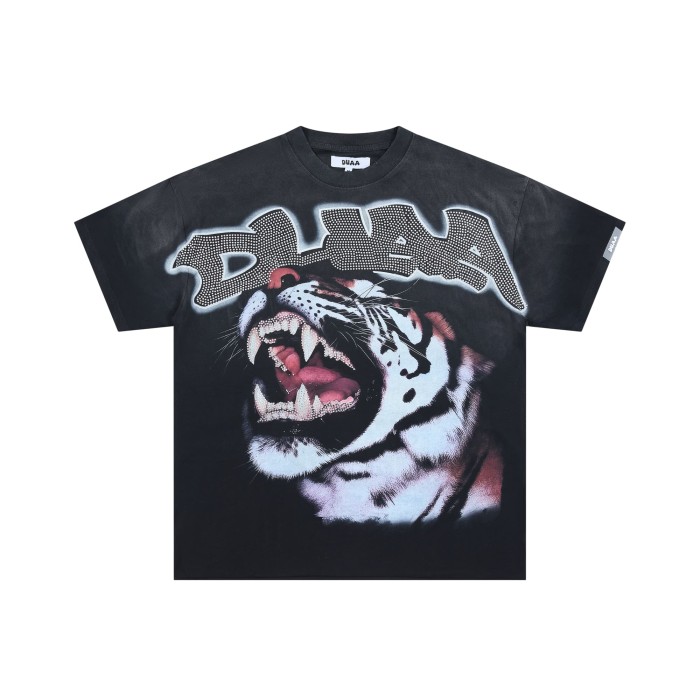 Rhinestone Mesh Texture Graffiti Font Roaring Tiger Head Double Sided Print Oversized Tee 29288415