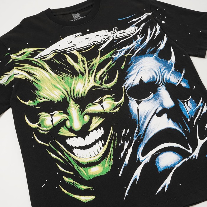 Green And Blue Contrast Split Demon Face Front Large Stacked Text Slogan Back Oversized Tee 29288677