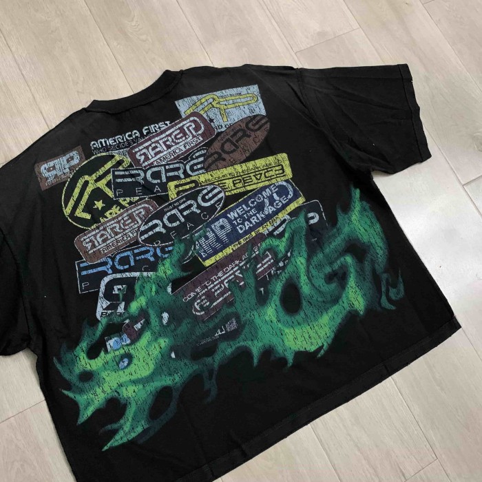 Distorted Evil Portrait Sticker Collage Green Flame RP Letter Double Sided Print Washed Tee 29288457