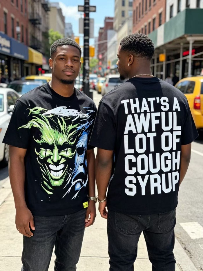 Green And Blue Contrast Split Demon Face Front Large Stacked Text Slogan Back Oversized Tee 29288677