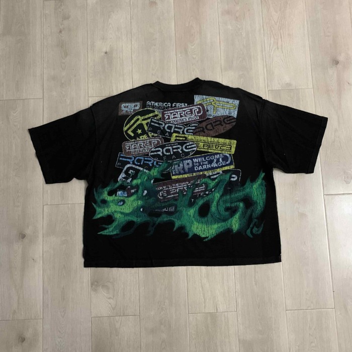 Distorted Evil Portrait Sticker Collage Green Flame RP Letter Double Sided Print Washed Tee 29288457