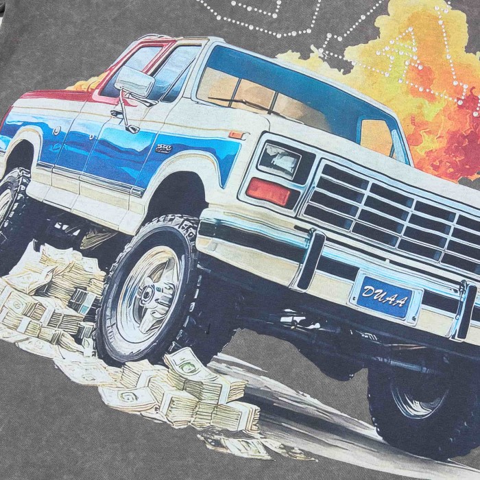 Pull Up Rhinestone Spelled Logo Vintage Pickup Truck Stacked Cash Explosion Single Side Print Tee 29288373
