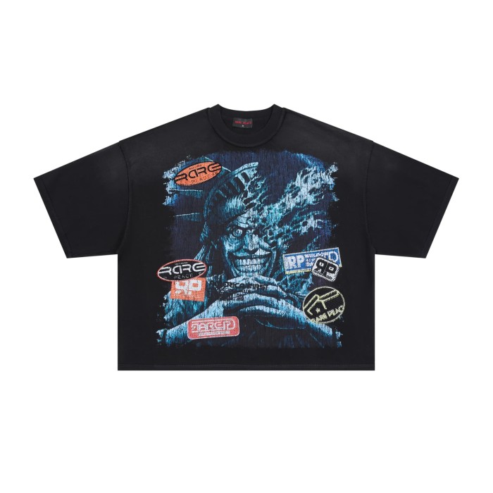 Distorted Evil Portrait Sticker Collage Green Flame RP Letter Double Sided Print Washed Tee 29288457