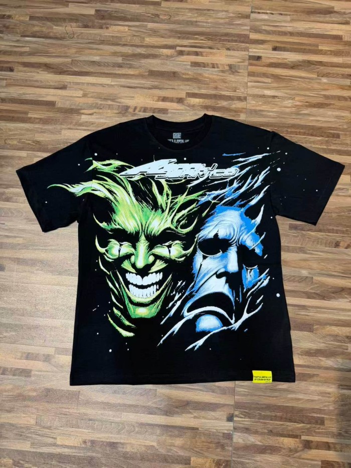 Green And Blue Contrast Split Demon Face Front Large Stacked Text Slogan Back Oversized Tee 29288677