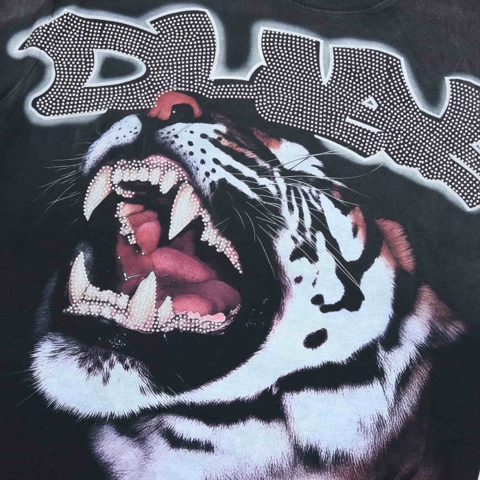 Rhinestone Mesh Texture Graffiti Font Roaring Tiger Head Double Sided Print Oversized Tee 29288415