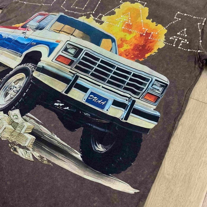 Pull Up Rhinestone Spelled Logo Vintage Pickup Truck Stacked Cash Explosion Single Side Print Tee 29288373