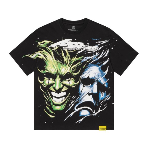 Green And Blue Contrast Split Demon Face Front Large Stacked Text Slogan Back Oversized Tee 29288677