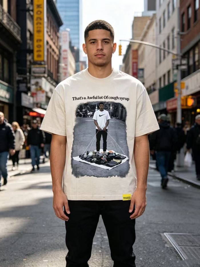 Hip Hop Streetwear Street Vendor Figure Print Back Split Text Street Sign Design Tee 2 colors 29288641