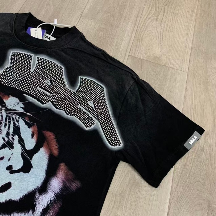 Rhinestone Mesh Texture Graffiti Font Roaring Tiger Head Double Sided Print Oversized Tee 29288415
