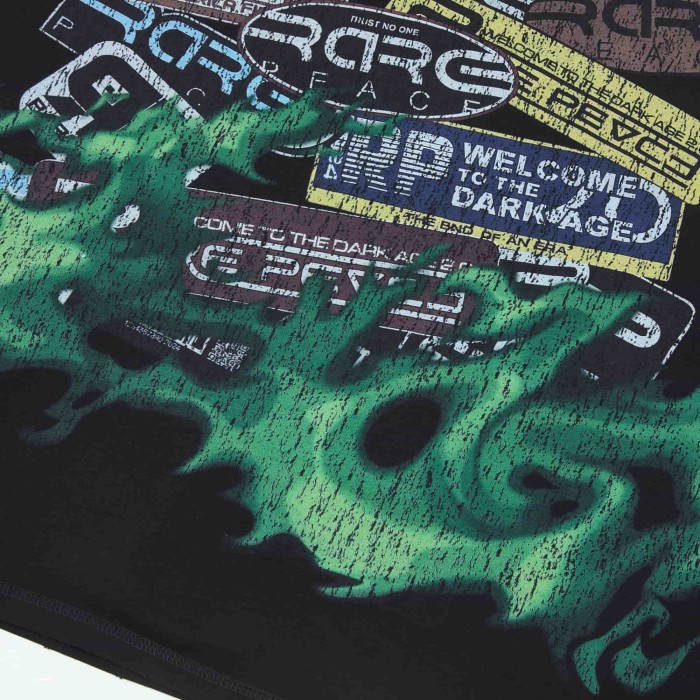 Distorted Evil Portrait Sticker Collage Green Flame RP Letter Double Sided Print Washed Tee 29288457