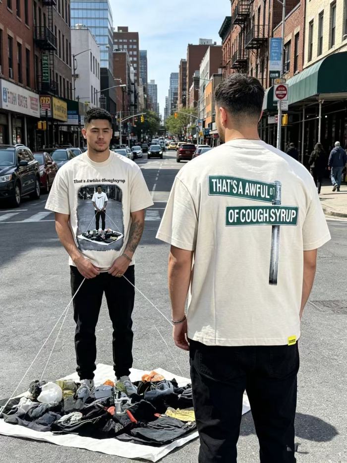 Hip Hop Streetwear Street Vendor Figure Print Back Split Text Street Sign Design Tee 2 colors 29288641