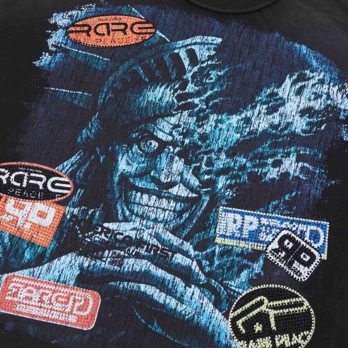 Distorted Evil Portrait Sticker Collage Green Flame RP Letter Double Sided Print Washed Tee 29288457