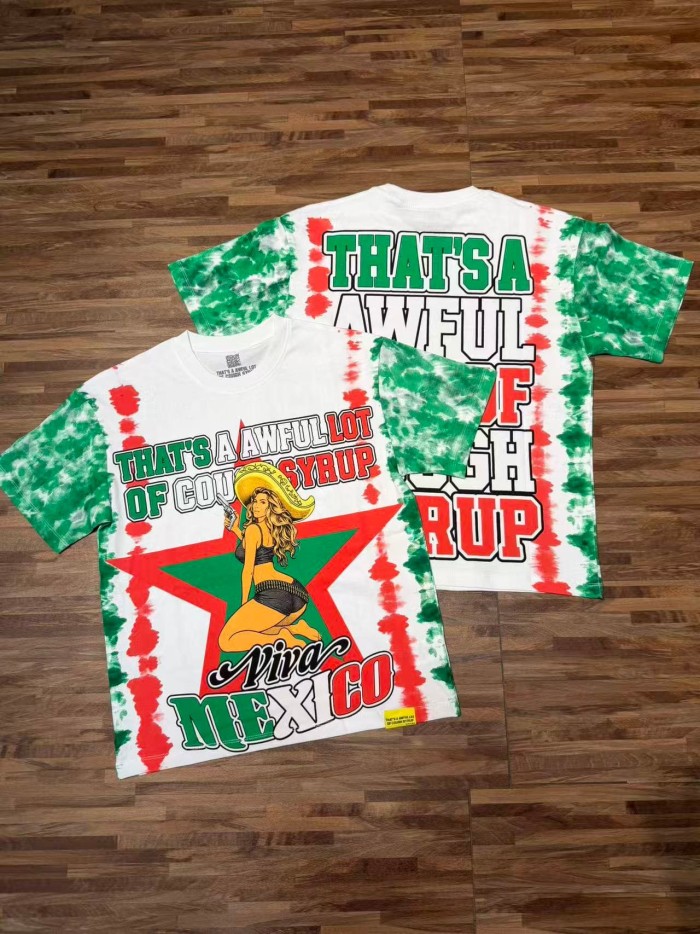 Mexico Flag Color Tie Dye Pin Up Lady Portrait Front Back Contrast Color Slogan Printed Oversized Tee 29288687