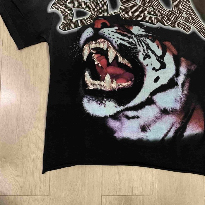 Rhinestone Mesh Texture Graffiti Font Roaring Tiger Head Double Sided Print Oversized Tee 29288415