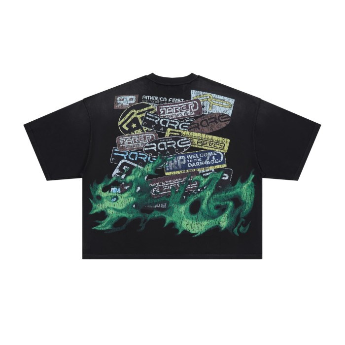 Distorted Evil Portrait Sticker Collage Green Flame RP Letter Double Sided Print Washed Tee 29288457
