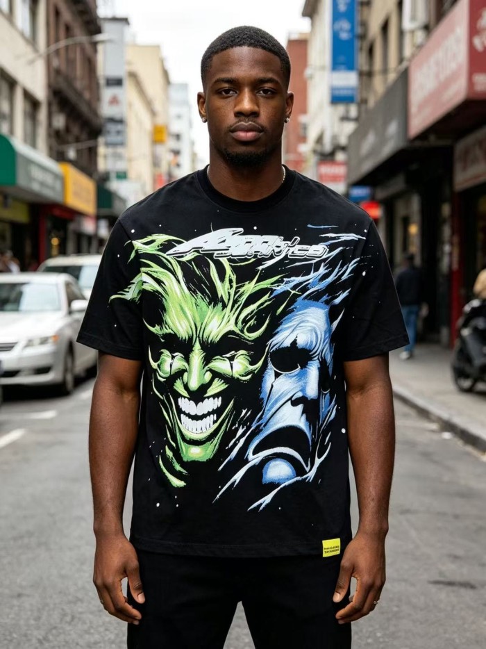 Green And Blue Contrast Split Demon Face Front Large Stacked Text Slogan Back Oversized Tee 29288677