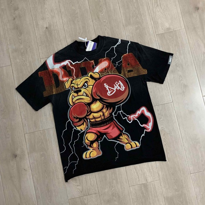 Gradient Rhinestone Letter Boxer Bulldog Lightning Background Front Only Print Oversized Tee 29288421