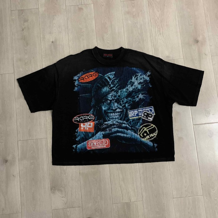 Distorted Evil Portrait Sticker Collage Green Flame RP Letter Double Sided Print Washed Tee 29288457