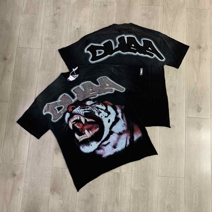 Rhinestone Mesh Texture Graffiti Font Roaring Tiger Head Double Sided Print Oversized Tee 29288415