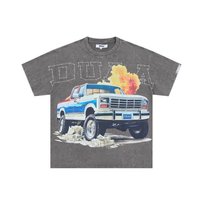 Pull Up Rhinestone Spelled Logo Vintage Pickup Truck Stacked Cash Explosion Single Side Print Tee 29288373