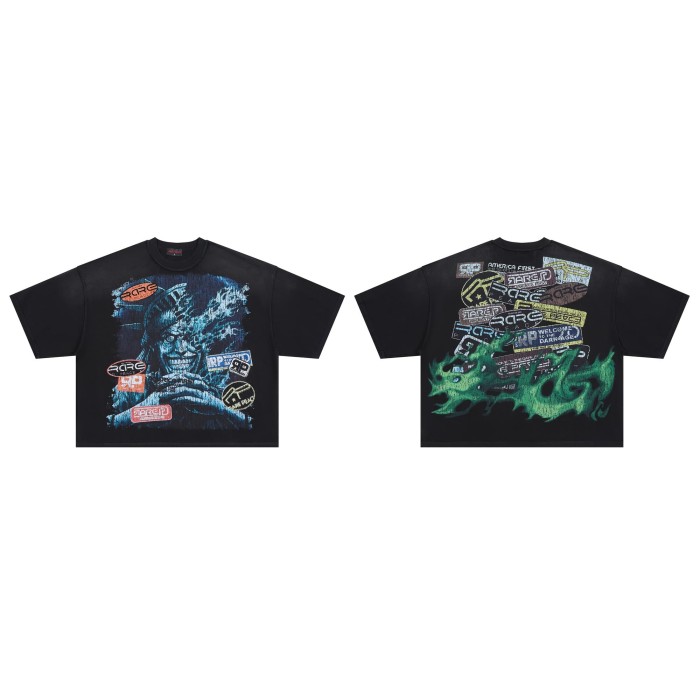Distorted Evil Portrait Sticker Collage Green Flame RP Letter Double Sided Print Washed Tee 29288457