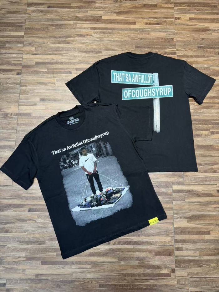 Hip Hop Streetwear Street Vendor Figure Print Back Split Text Street Sign Design Tee 2 colors 29288641