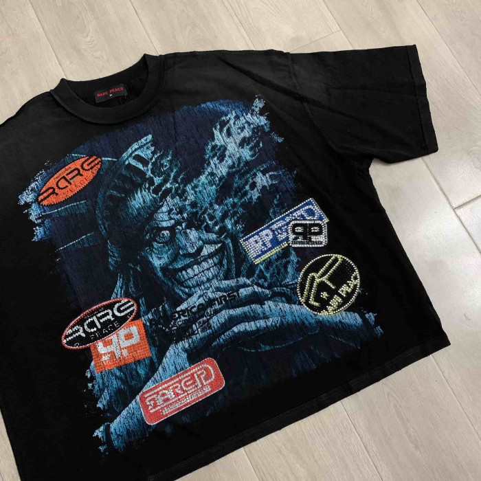 Distorted Evil Portrait Sticker Collage Green Flame RP Letter Double Sided Print Washed Tee 29288457