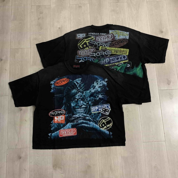 Distorted Evil Portrait Sticker Collage Green Flame RP Letter Double Sided Print Washed Tee 29288457