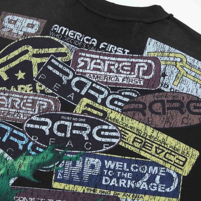 Distorted Evil Portrait Sticker Collage Green Flame RP Letter Double Sided Print Washed Tee 29288457