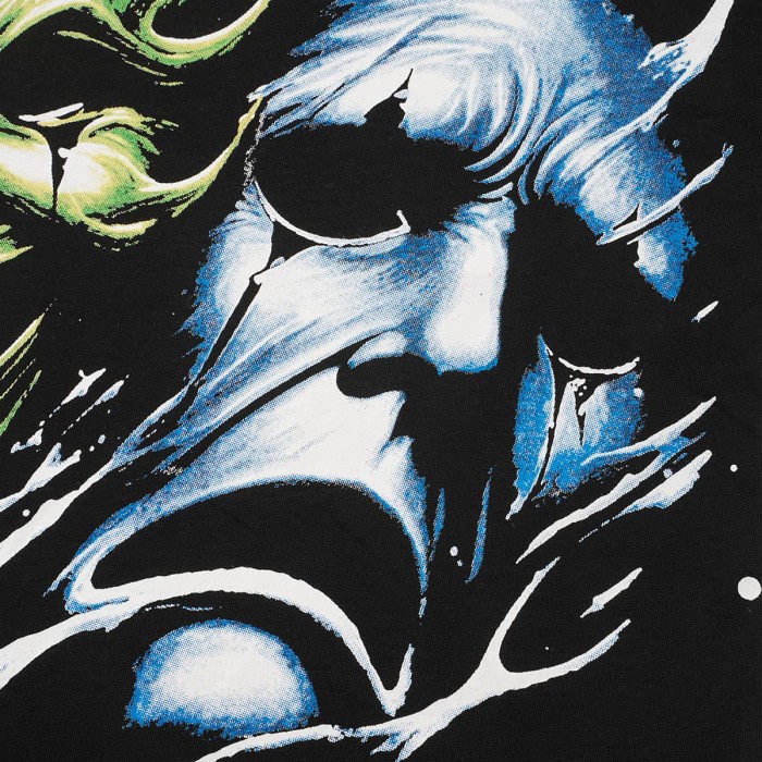 Green And Blue Contrast Split Demon Face Front Large Stacked Text Slogan Back Oversized Tee 29288677