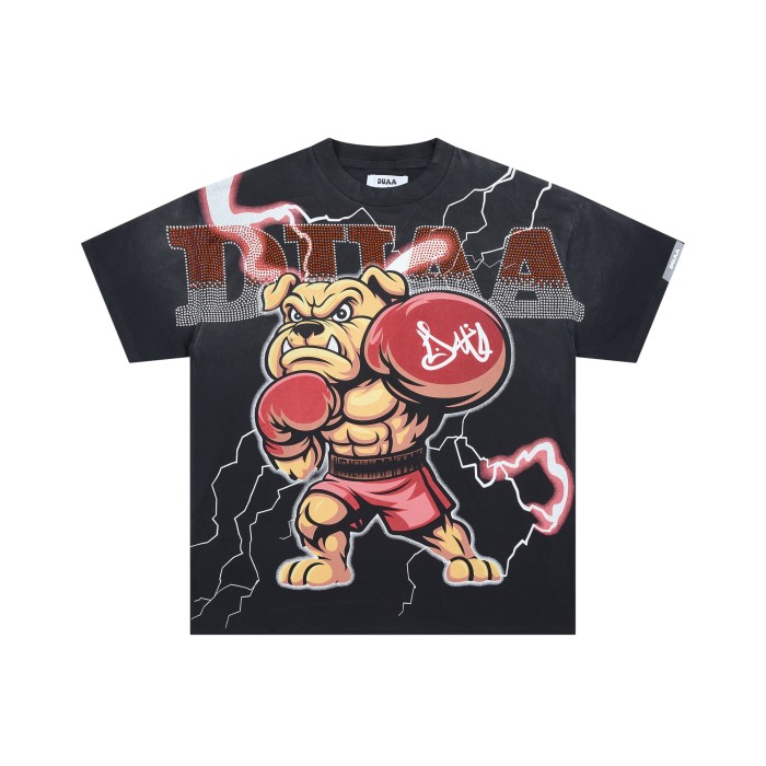 Gradient Rhinestone Letter Boxer Bulldog Lightning Background Front Only Print Oversized Tee 29288421