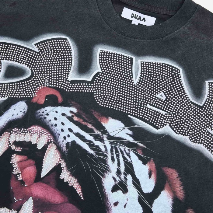 Rhinestone Mesh Texture Graffiti Font Roaring Tiger Head Double Sided Print Oversized Tee 29288415
