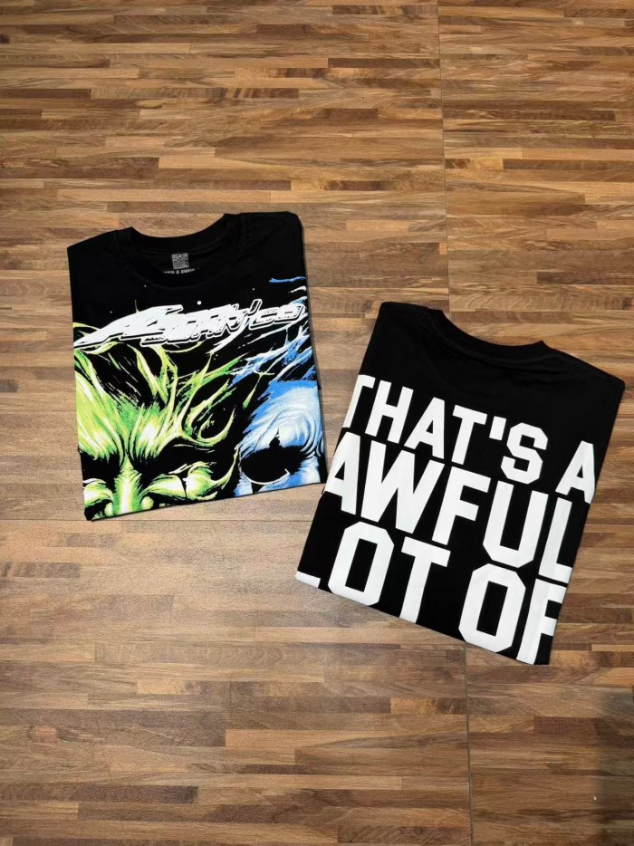 Green And Blue Contrast Split Demon Face Front Large Stacked Text Slogan Back Oversized Tee 29288677