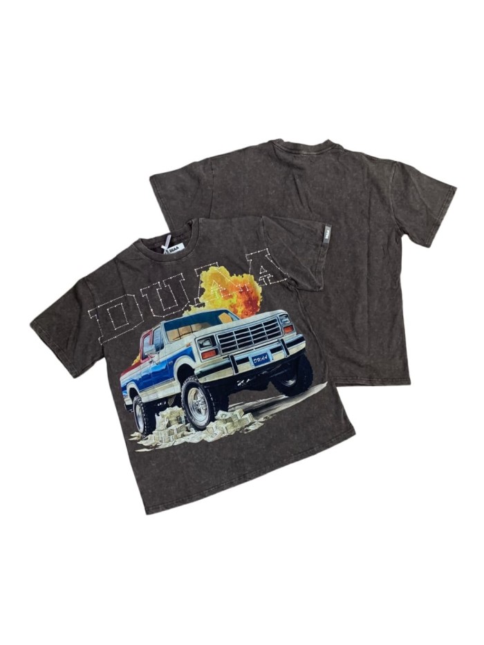Pull Up Rhinestone Spelled Logo Vintage Pickup Truck Stacked Cash Explosion Single Side Print Tee 29288373