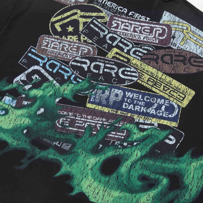Distorted Evil Portrait Sticker Collage Green Flame RP Letter Double Sided Print Washed Tee 29288457