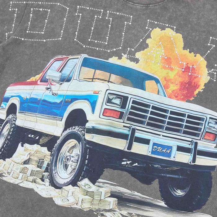 Pull Up Rhinestone Spelled Logo Vintage Pickup Truck Stacked Cash Explosion Single Side Print Tee 29288373