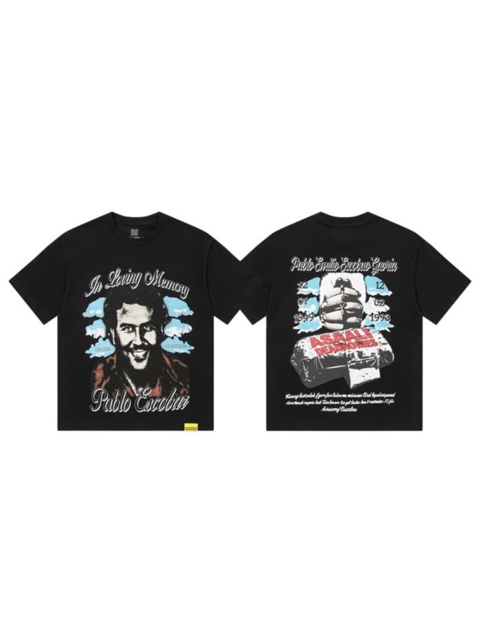 Asaali In Loving Memory Letter Pablo Escobar Face Print Birth Death Year Gun Handcuff Oversized Tee 29288692