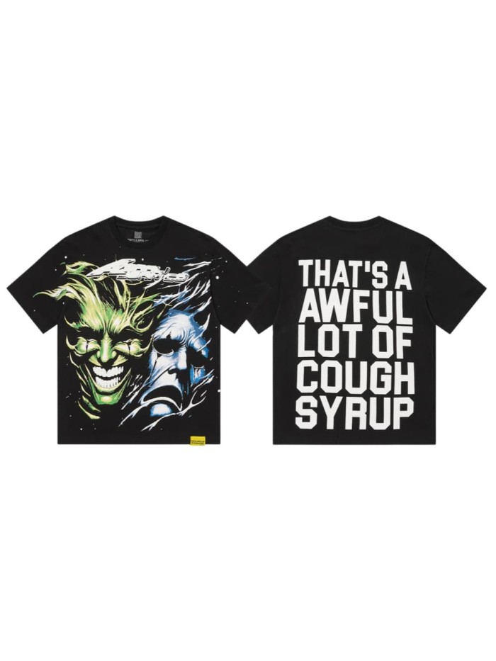 Green And Blue Contrast Split Demon Face Front Large Stacked Text Slogan Back Oversized Tee 29288677