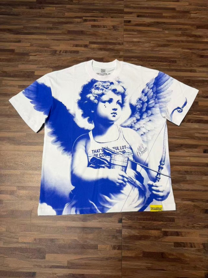 Sketch Cupid Angel Tattoo Detail Front Gothic Stacked Cursive Slogan Back Tee 4 colors 29290017