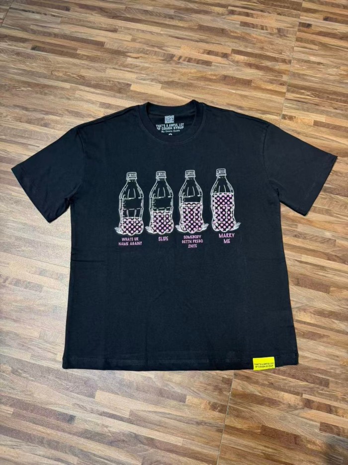 Four Outline Syrup Bottles Pink Polka Dot Liquid Level Front Half Pink Dot Filled Stacked Slogan Tee 2 colors 29290183