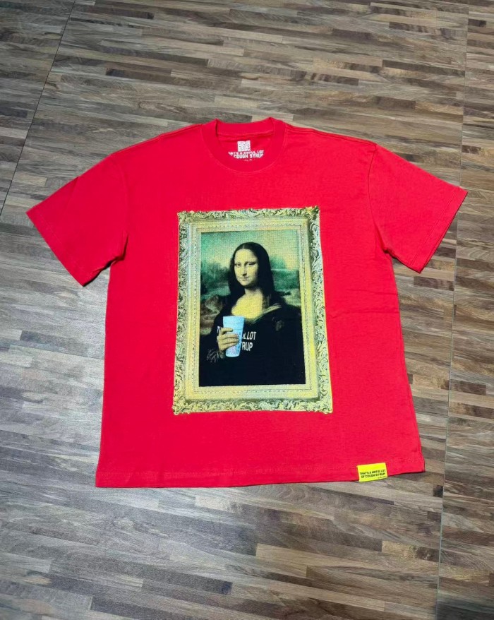 Framed Parody Mona Lisa Holding Syrup Cup Front Bold Gold Stacked Slogan Print Tee 2 colors 29290152