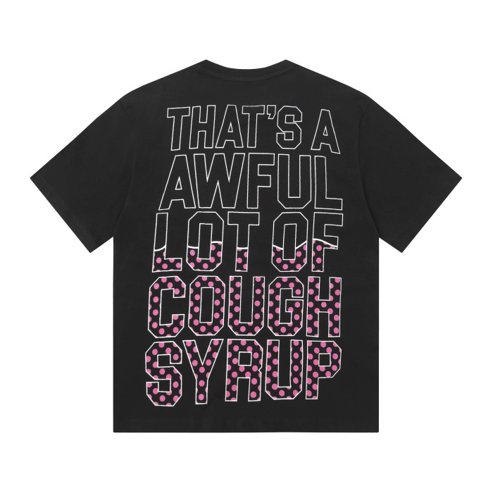Four Outline Syrup Bottles Pink Polka Dot Liquid Level Front Half Pink Dot Filled Stacked Slogan Tee 2 colors 29290183