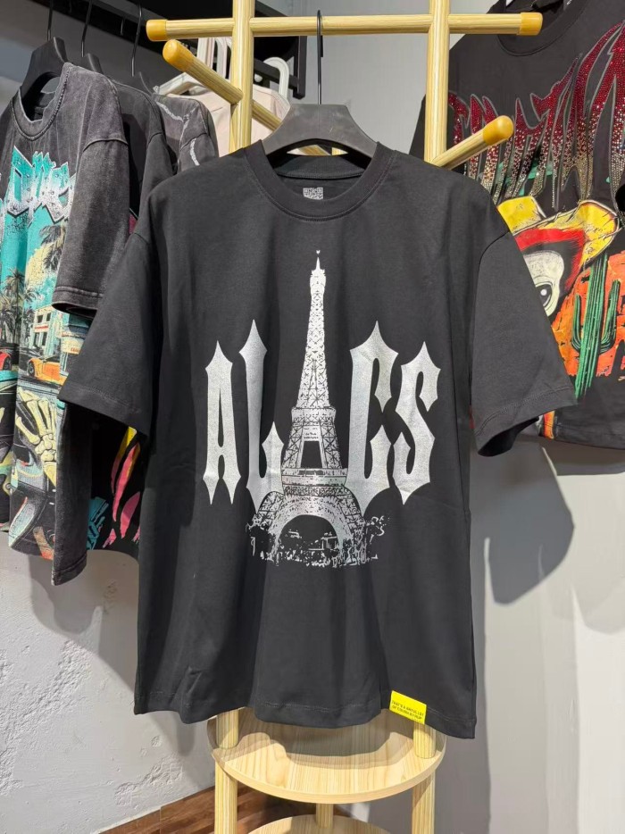 Sketch Texture Eiffel Tower ALCS Gothic Letter Front Embedded Tower Stacked Slogan Tee 2 colors 29290147