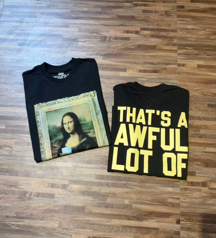 Framed Parody Mona Lisa Holding Syrup Cup Front Bold Gold Stacked Slogan Print Tee 2 colors 29290152