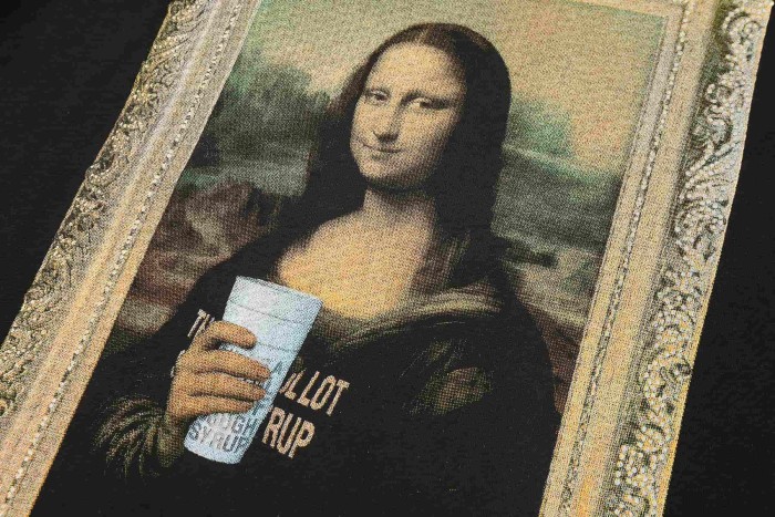 Framed Parody Mona Lisa Holding Syrup Cup Front Bold Gold Stacked Slogan Print Tee 2 colors 29290152
