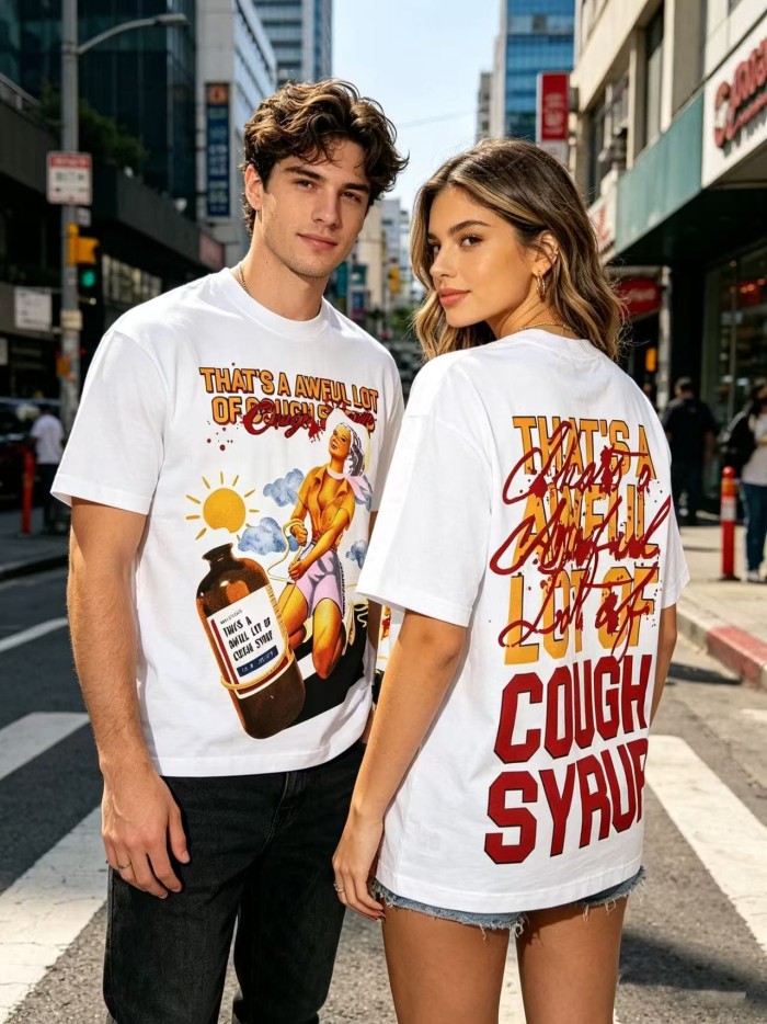 Pin-Up Lady Syrup Bottle Front Red Graffiti Overlay Stacked Letter Back Print Tee 29290078