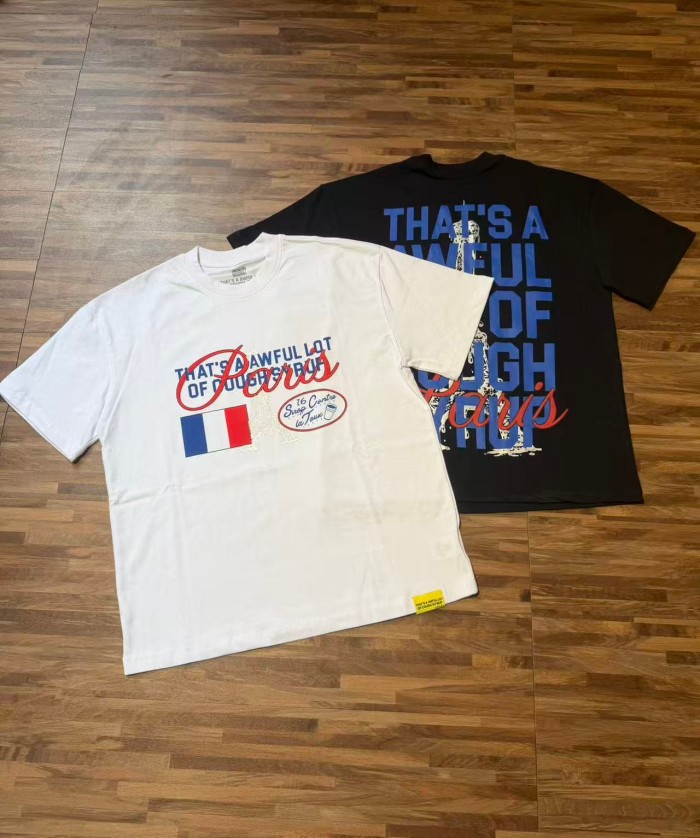 Eiffel Tower France Flag Travel Stamp Graphic Front Large Bold Blue Stacked Letter Tee 2 colors 29290156